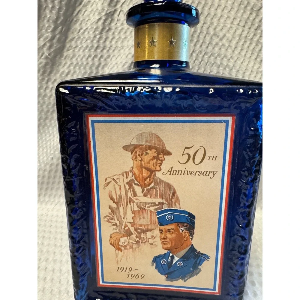 American Legion 50th Anniversary J. W. Dant Whiskey Bottle Decanter Cobalt Blue
